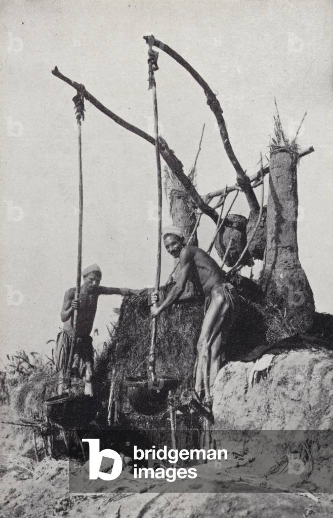 Men bringing up water from the bottom of a well (b/w photo)