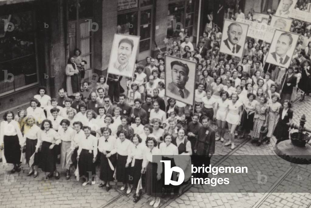 Communist youth parade in Sofia, Bulgaria, early 1950s (b/w photo)