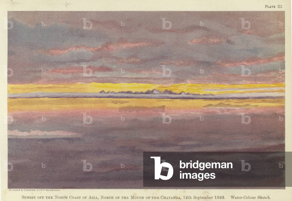 Sunset off the north coast of Asia, north of the mouth of the Chatanga, 12 September 1893, water-colour sketch (colour litho)