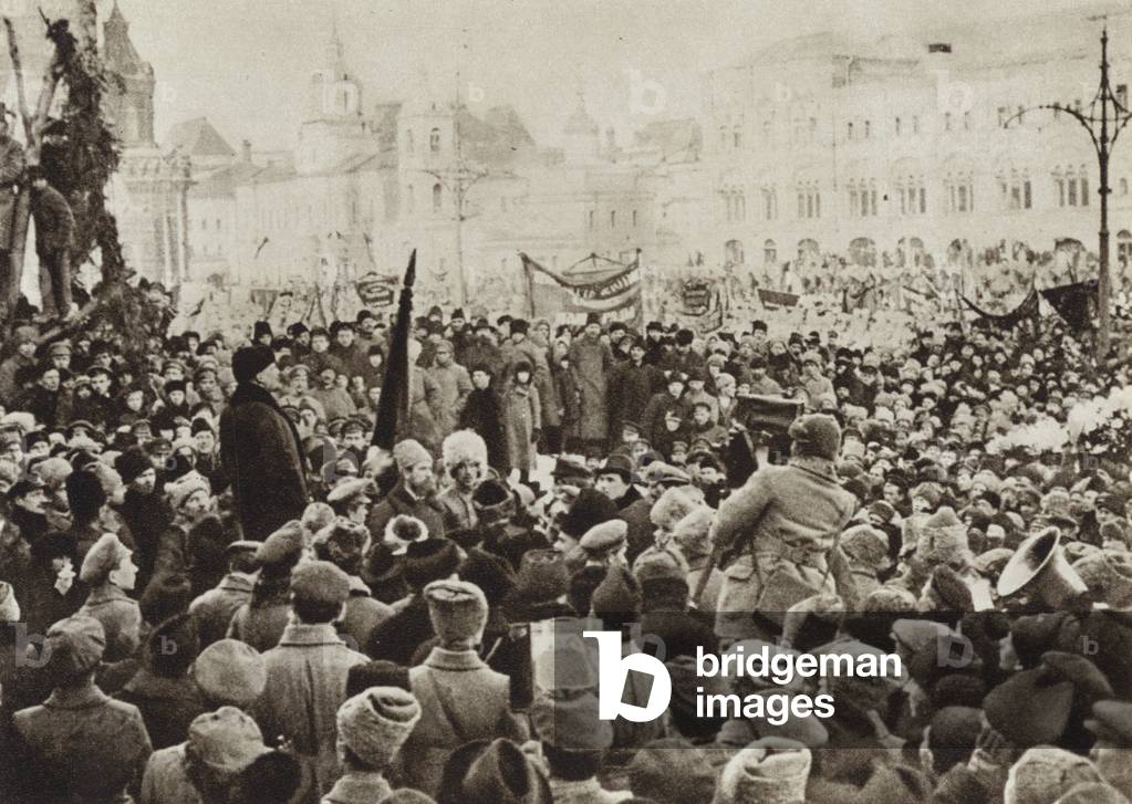 Lenin speaks at the funeral of Y M Sverdlov in Red Square, Moscow, 18 March 1919 (b/w photo)