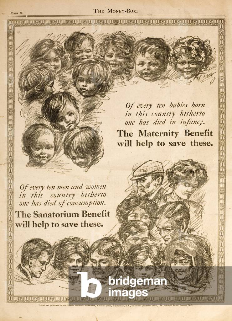 Advertisement promoting benefits paid for by National Insurance introduced by Liberal Chancellor of the Exchequer David Lloyd George (litho)