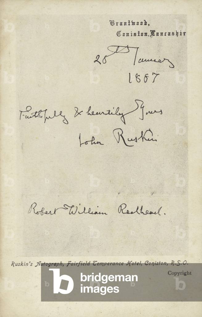 John Ruskin's autograph, 1887 (b/w photo)