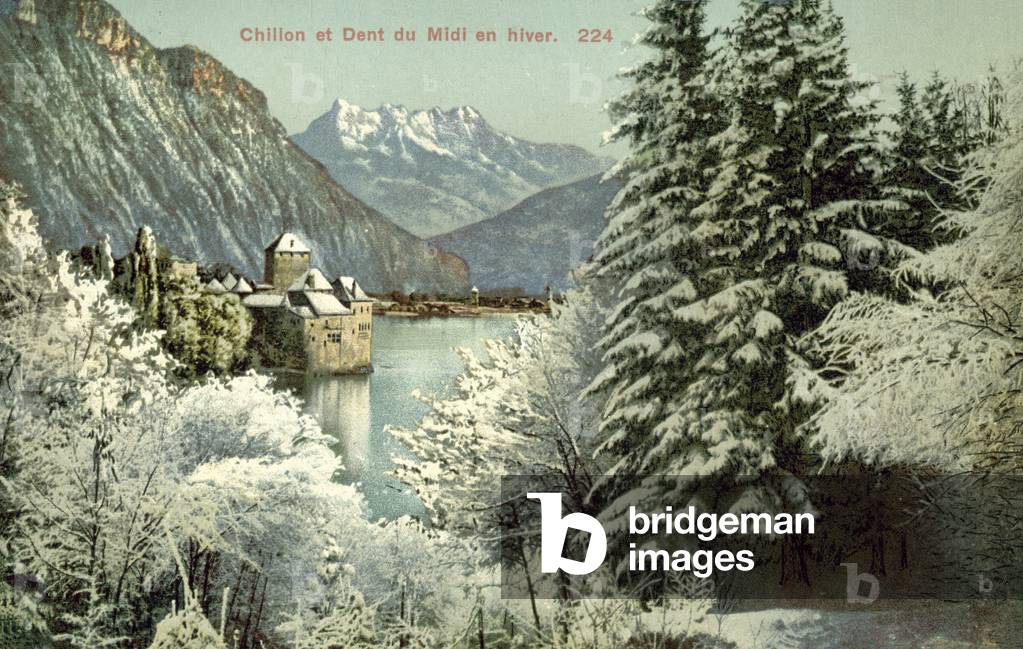 Chateau de Chillon and the Dents du Midi, Switzerland (colour photo)
