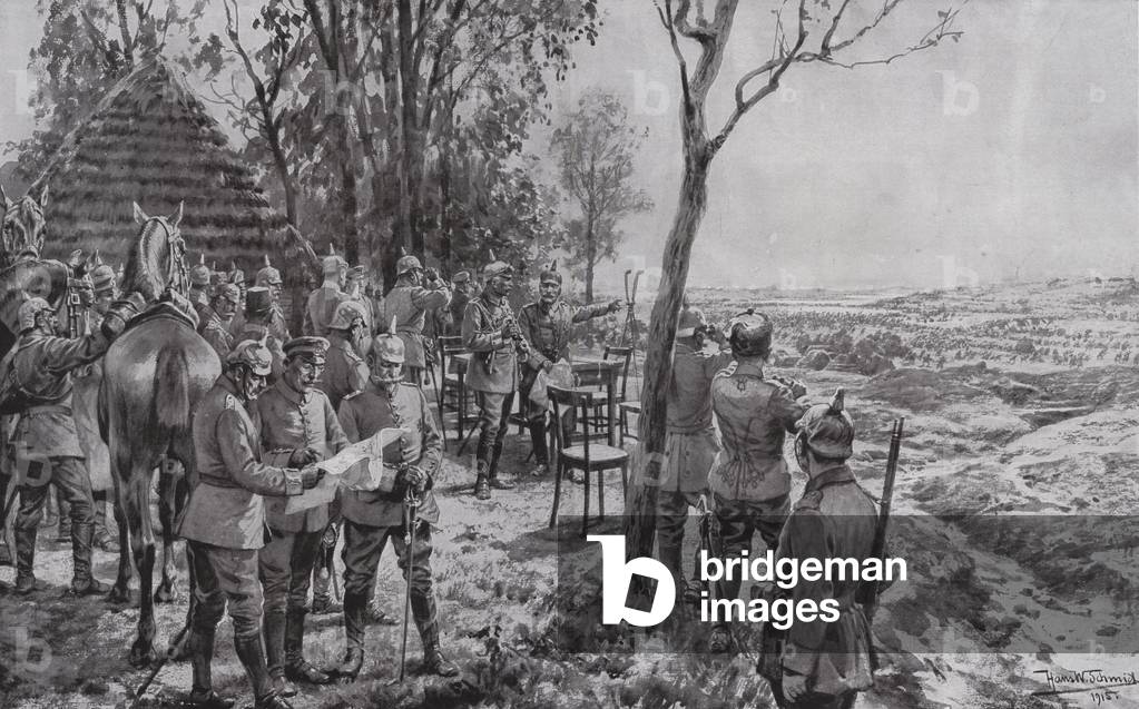 Kaiser Wilhelm II observing troops from Hanover, Oldenburg and Brunswick Regiments crossing the River San from the heights above Jaroslaw, Poland (litho)
