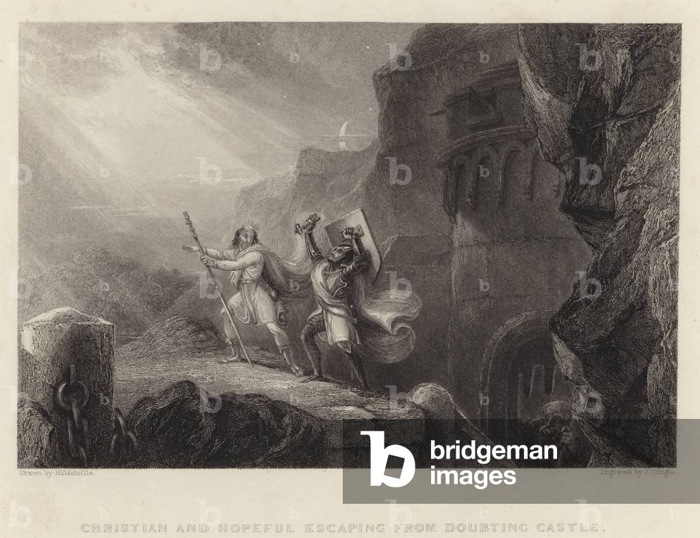 Christian and Hopeful Escaping from Doubting Castle (engraving)