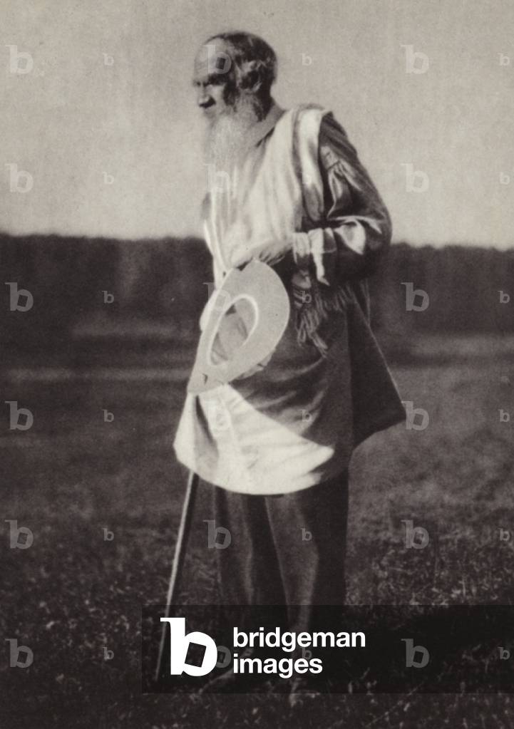 L N Tolstoi returning from bathing in the Voronka River (b/w photo)