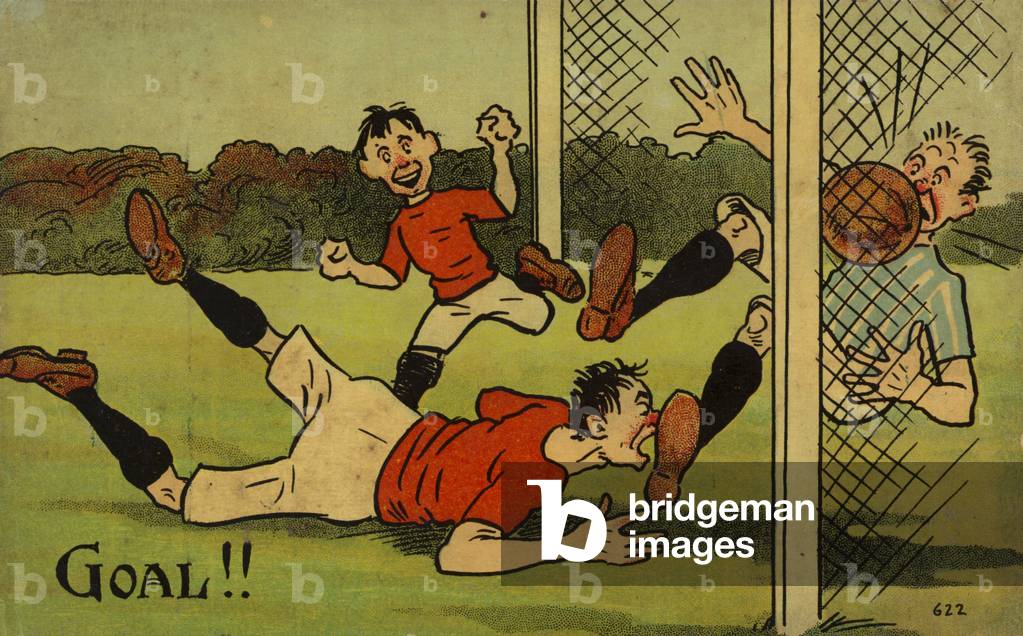 Cartoon depicting a footballer scoring a goal (colour litho)