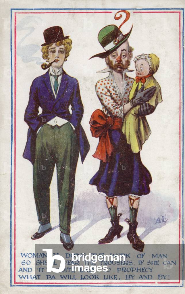 Women and men's role reversal (colour litho)