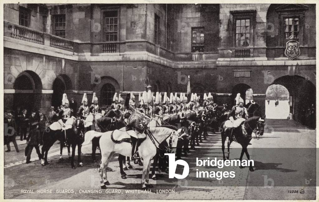 Royal Horse Guards, Changing Guard, Whitehall, London (b/w photo)