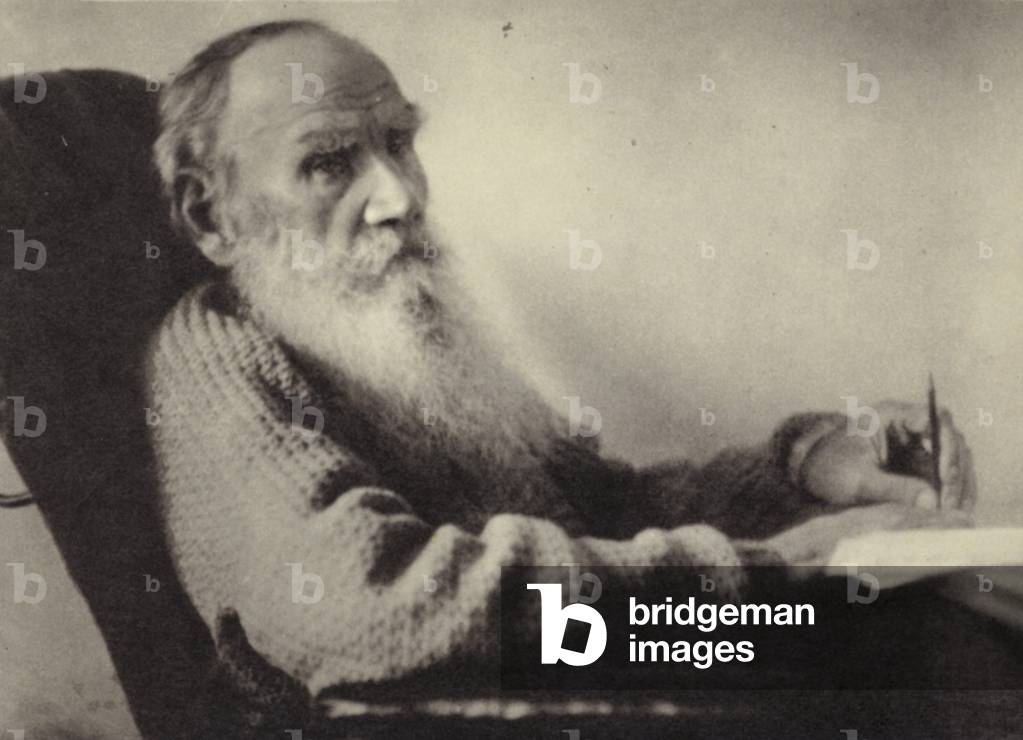 L N Tolstoi at his 80 years old anniversary, Yasnaya Poliana, 28 August 1908 (b/w photo)