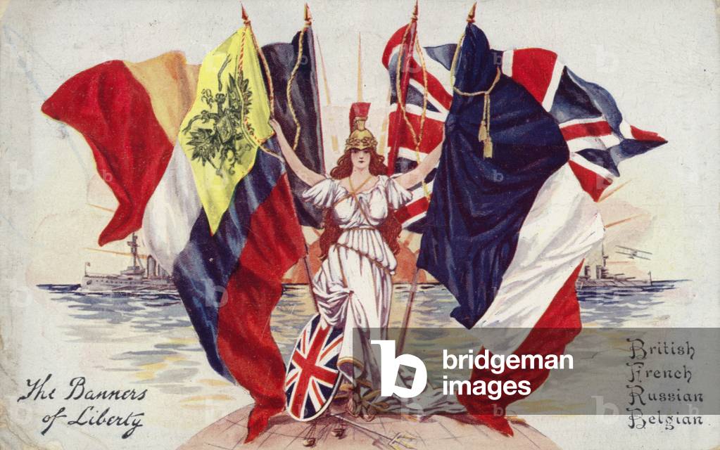 Britannia surrounded by flags of the Allies (colour litho)