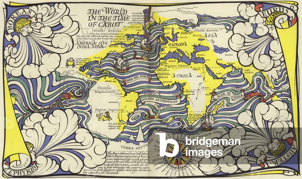 Map of the World in the time of the navigators John and Sebastian Cabot (colour litho)