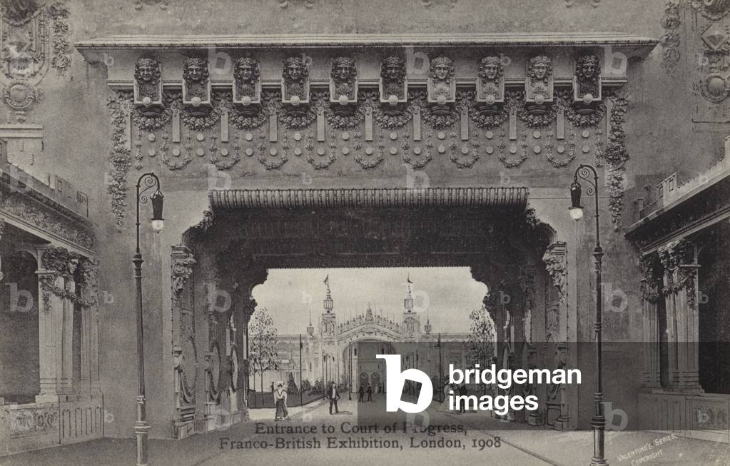 Entrance to the Court of Progress, Franco-British Exhibition, White City, London, 1908 (b/w photo)