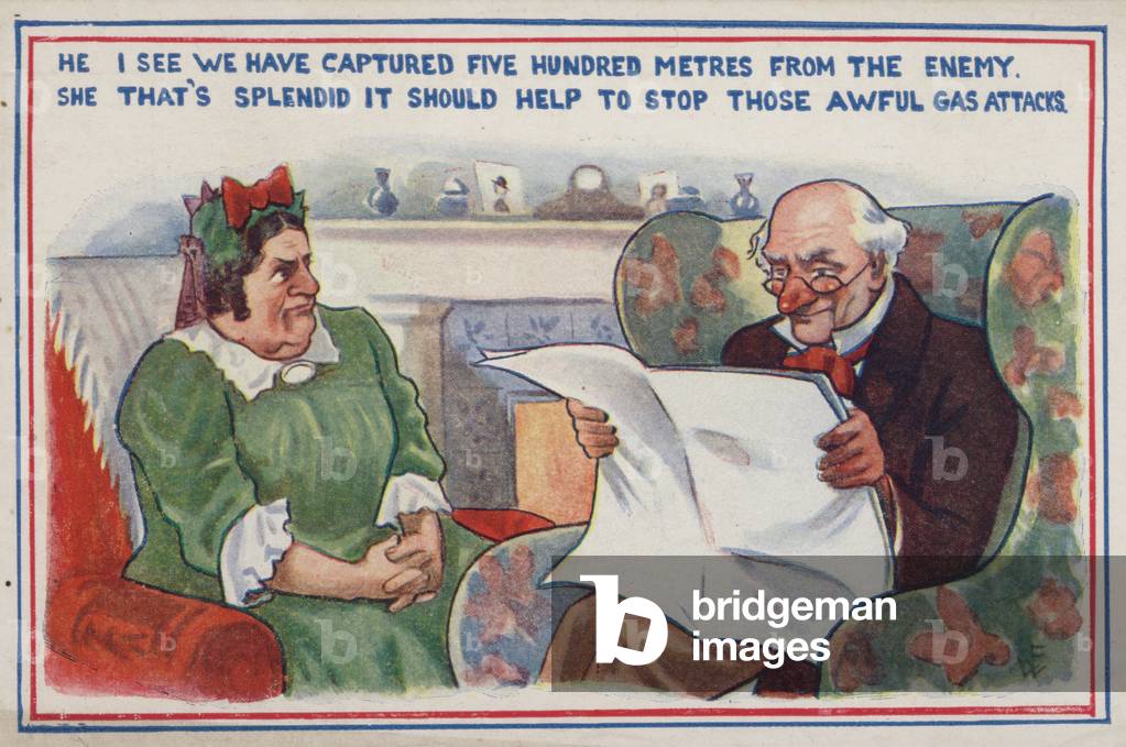 Man reading a newspaper about British successes (colour litho)