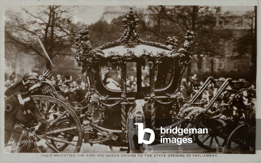 Their Majesties the King and Queen driving to the State Opening of Parliament (b/w photo)