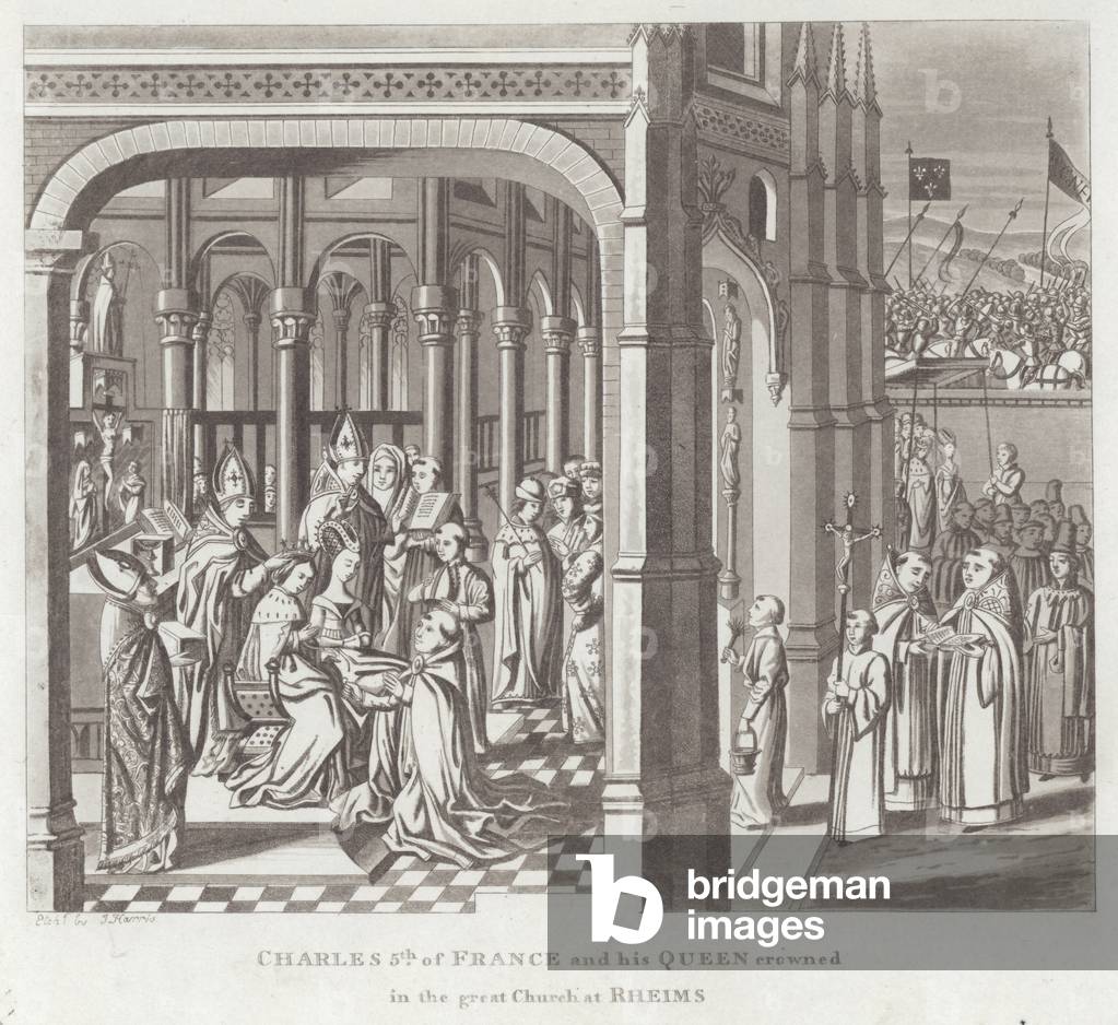 Charles 5th of France and his Queen crowned in the Great Church at Rheims (engraving)