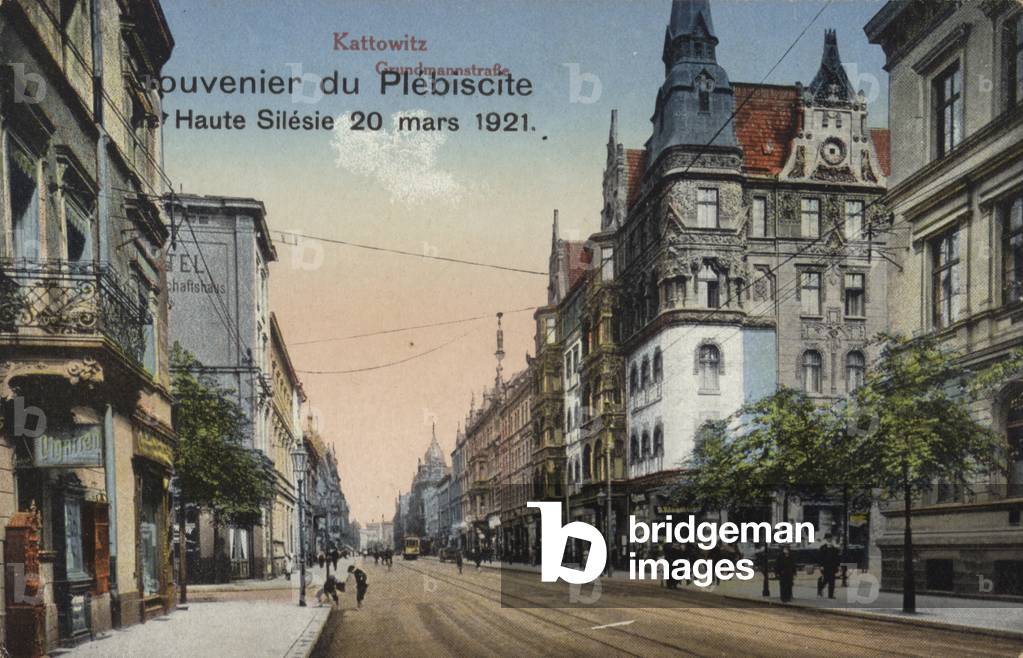 Street in Katowice, Poland, souvenir postcard commemorating the plebiscite in Upper Silesia held on 20 March 1921 to determine part of the border between Poland and Germany (photo)
