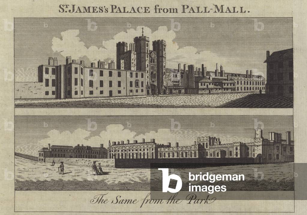 St James's Palace from Pall Mall and St James's Park, London (engraving)