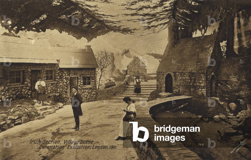 Village scene, Irish section, Coronation Exhibition, London, 1911 (b/w photo)