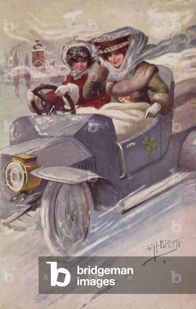 Two women making a car journey in winter (colour litho)