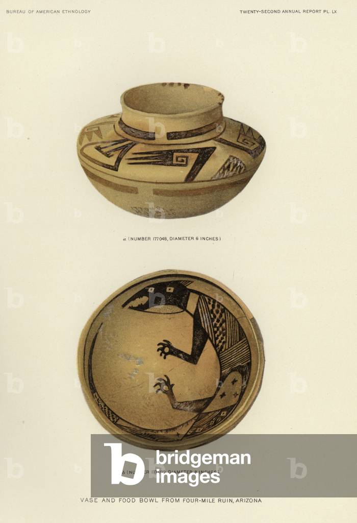 Vase and food bowl from Four-Mile Ruin, Arizona (colour litho)