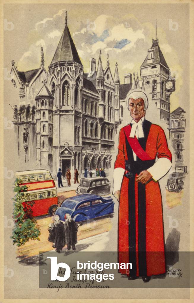 The Law Courts, London, and a judge of the King's Bench Division (colour litho)