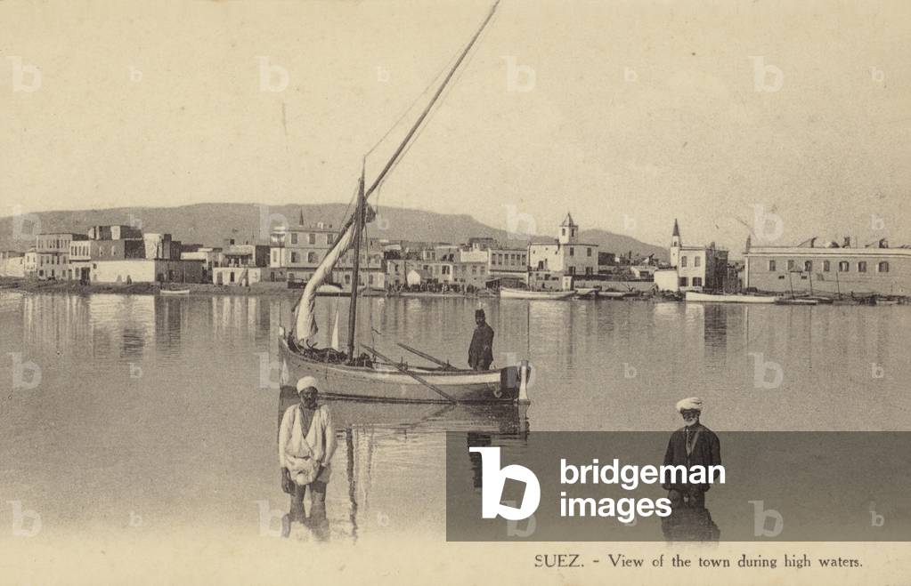 View of the town during high waters, Suez, Egypt (b/w photo)