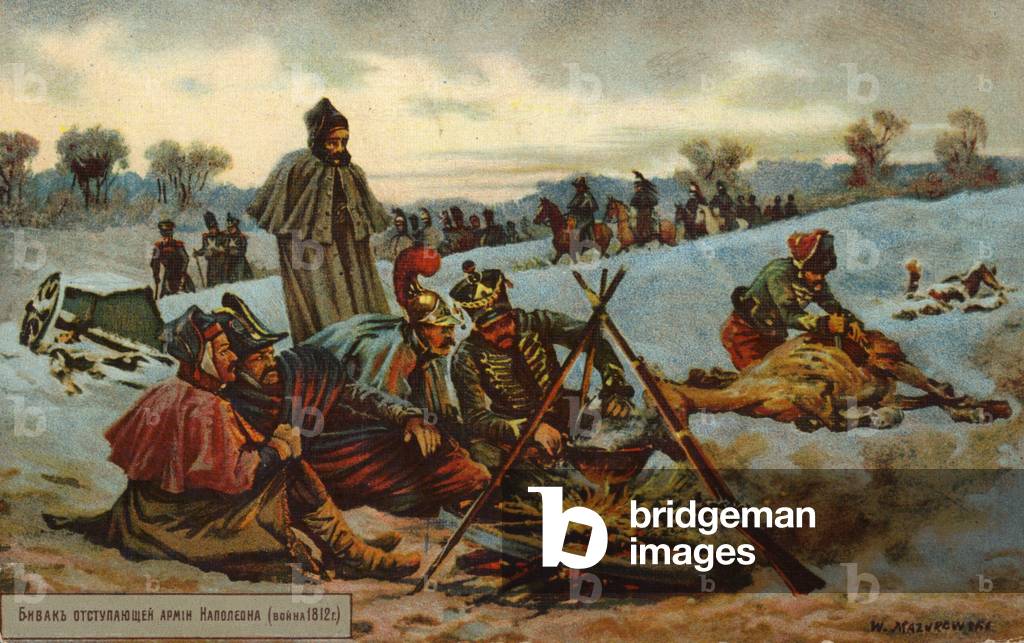 Napoleon's retreat from Moscow (colour litho)