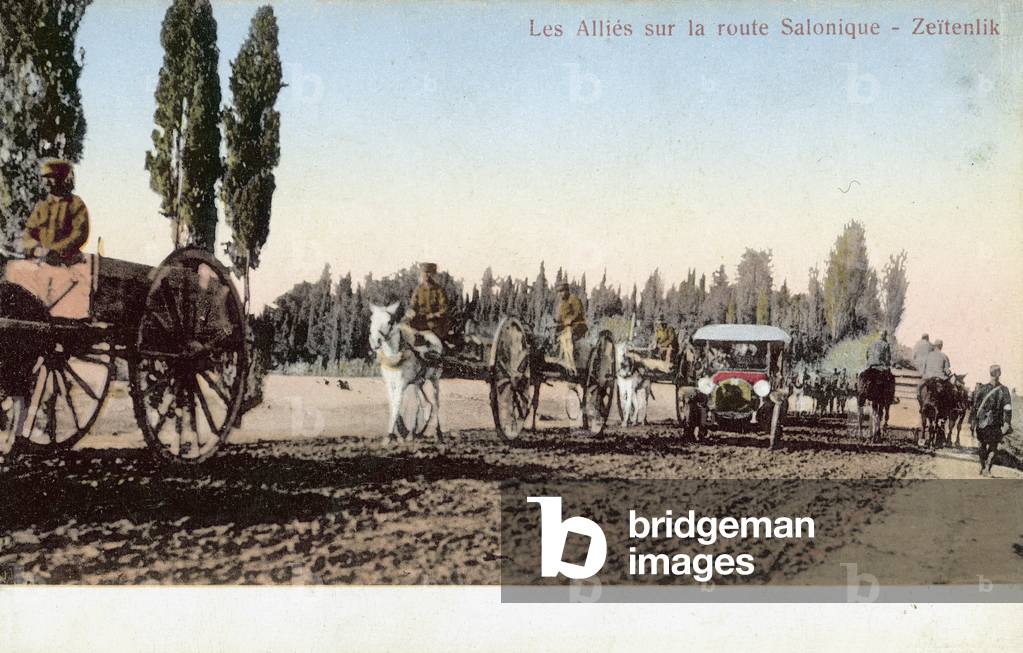 The Allies on the road to Salonica, Greece, World War I (colour photo)