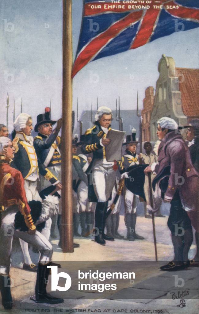 Hoisting the British flag at Cape Colony, 1796 (colour litho)