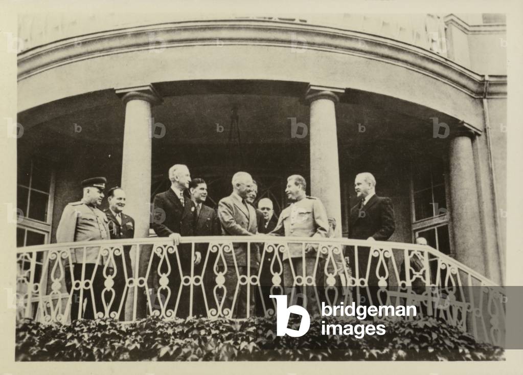 Soviet leader Joseph Stalin greeting US President Harry S Truman at a reception during the Potsdam Conference to discuss the postwar administration of Germany, 1945 (b/w photo)