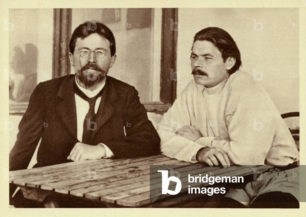 Russian writers Anton Chekhov and Maxim Gorky, Yalta, Russia, 1900 (b/w photo)