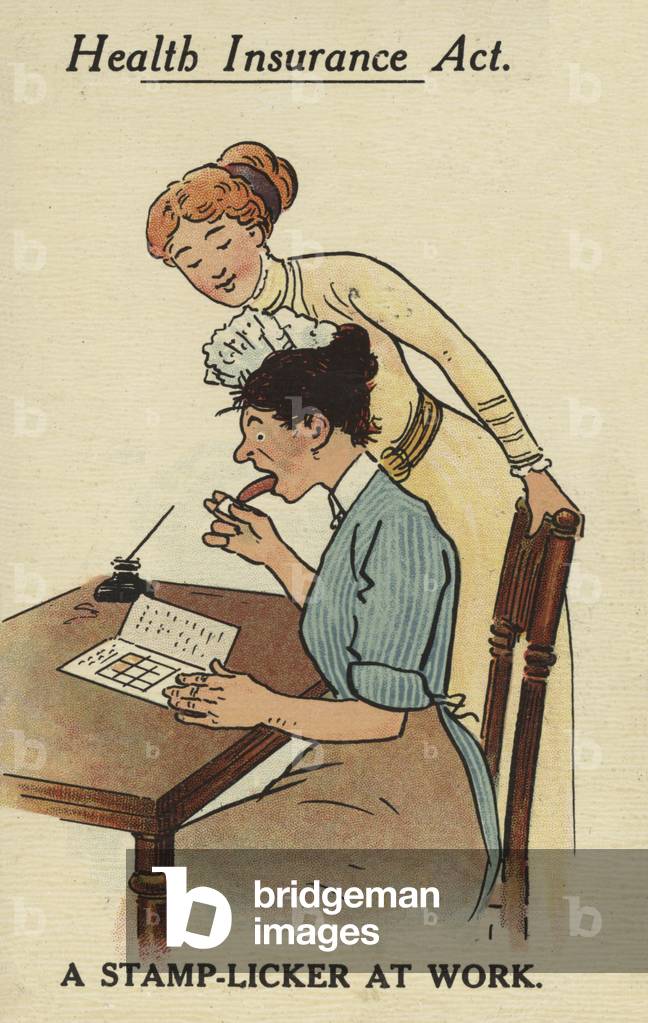 Health Insurance Act: a stamp licker at work (colour litho)