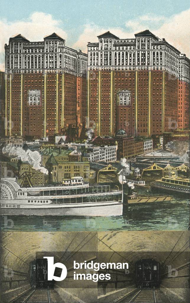 Hudson Terminal and Tubes, New York City (colour litho)