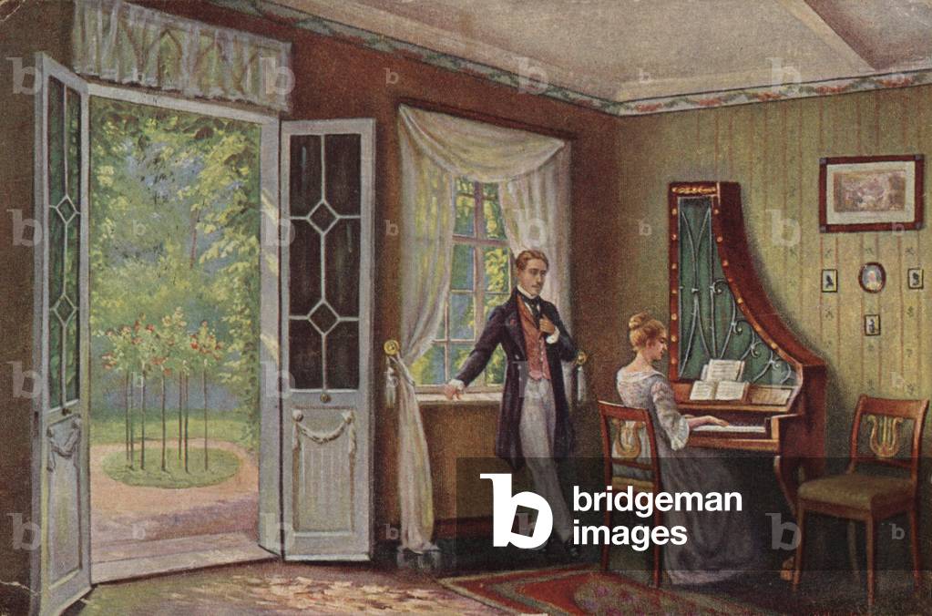 Couple in their home (colour litho)