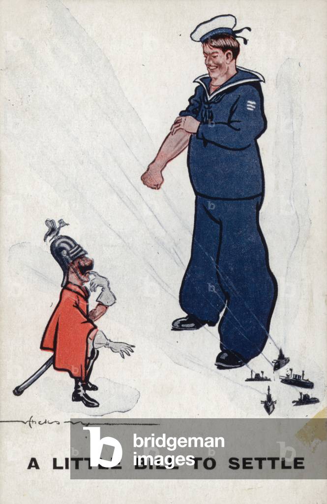 Giant British sailor threatening a tiny Kaiser Wilhelm II (colour litho)