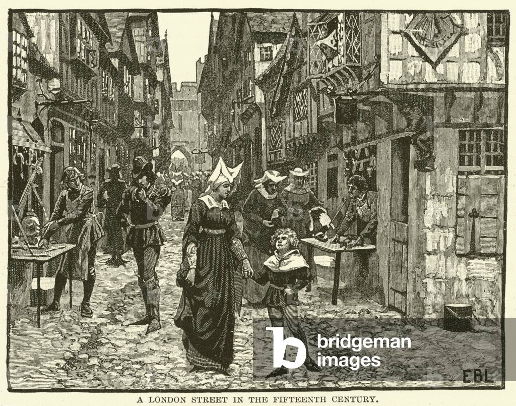 A London Street in the fifteenth century (engraving)