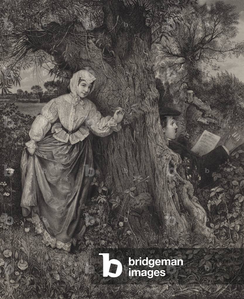 Woman sneaking up on a man sitting with his back against a tree and reading (engraving)