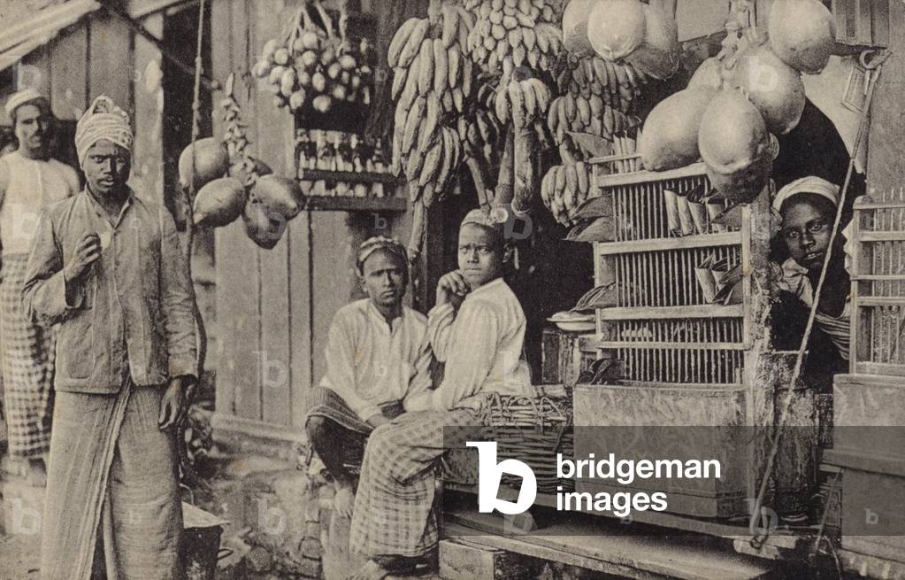 Fruit and vegetable seller in Sri Lanka (b/w photo)