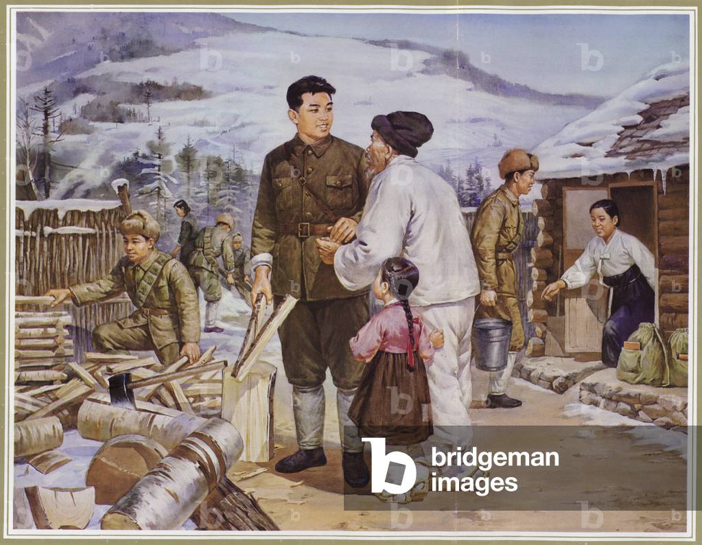 North Korean leader Kim Il-sung chopping wood while his partisan group sets up camp on the Tumen River, 1930s or 1940s (colour litho)