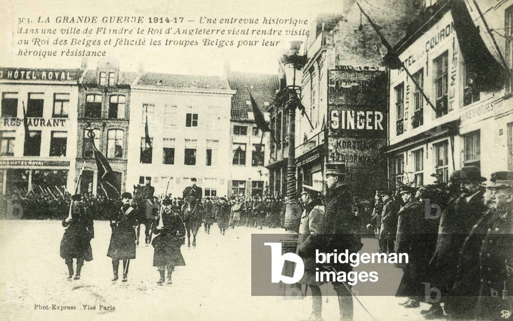 King George V and King Albert I visiting a village in Flanders (b/w photo)