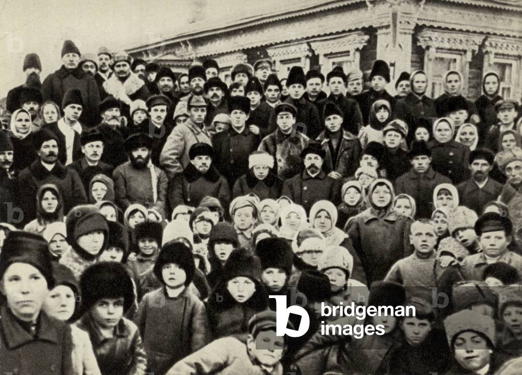Lenin and Krupskaya among the peasants at the inauguration of the Kashino electric power station, Village of Kashino, 14 November 1920 (b/w photo)