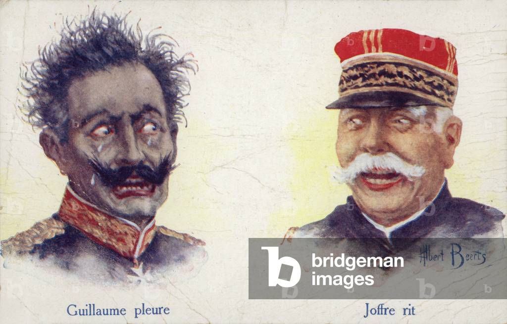Kaiser Wilhelm II crying and Marshal Joffre laughing (colour litho)