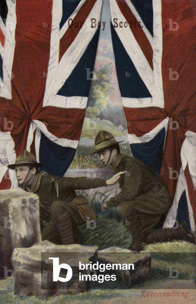 Boy scouts reconnoitring (colour litho)