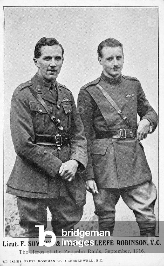 Lieutenants Frederick Sowrey and William Leefe Robinson, British fighter pilots of the First World War, who each shot down a German Zeppelin airship during raids on southern England in September 1916 (b/w photo)