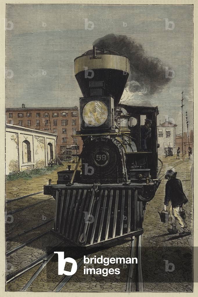 An American locomotive engine and cow catcher (coloured engraving)