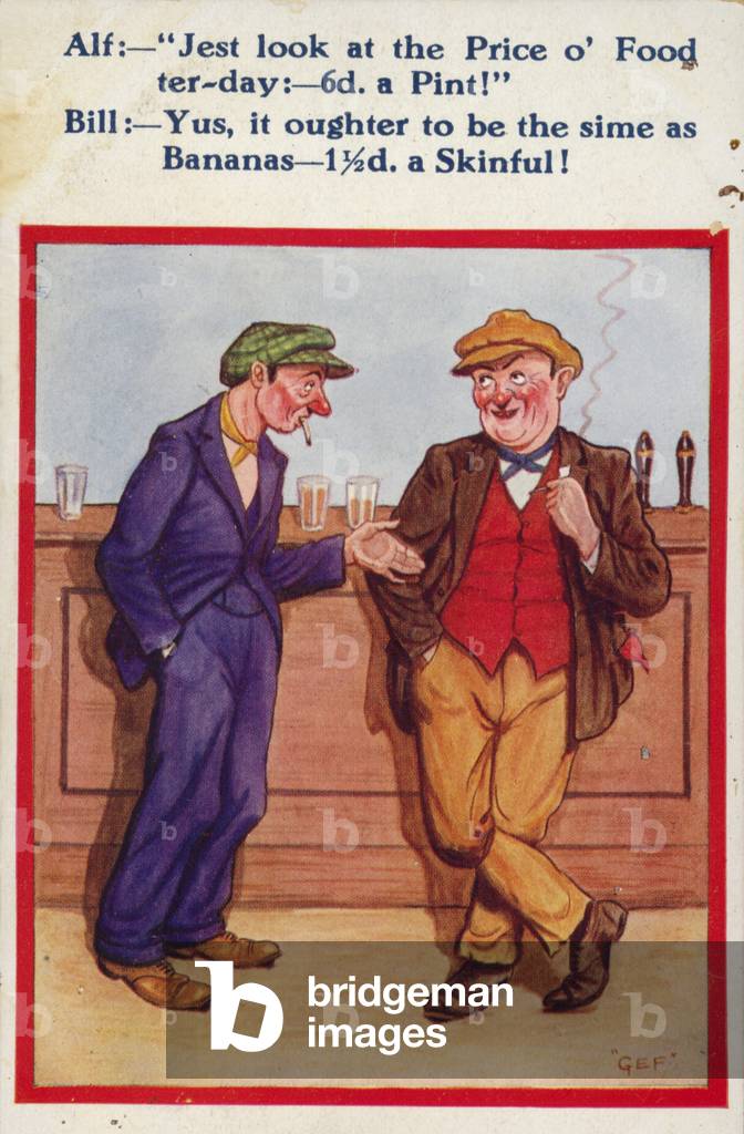 Two men in a pub complaining about the price of beer (colour litho)