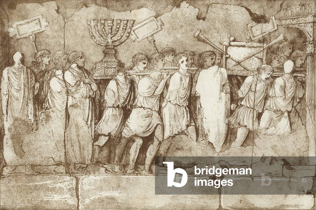 Part of a frieze on the Arch of Titus in Rome, showing Jewish prisoners carrying artefacts from Jerusalem (litho)