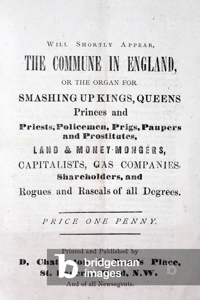 Notice of the publication of The Commune in England, an anti-royalist and anti-capitalist pamphlet by Dan Chatterton, 1880s (litho)