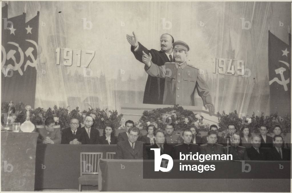 Official celebration for the 32nd  anniversary of the October Revolution, National Theatre in Tirana, People's Republic of Albania, 1949 (b/w photo)